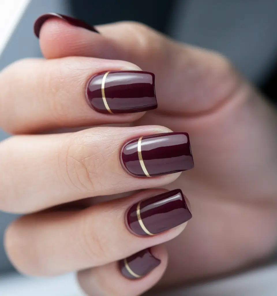 Fall 2025 Nail Color Ideas for Women Over 50 – Burgundy Ribbon Lines on Short Square