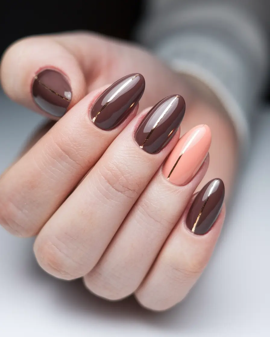 Fall 2025 Nail Color Ideas for Women Over 50 – Mocha–Apricot Combo with Micro-Line