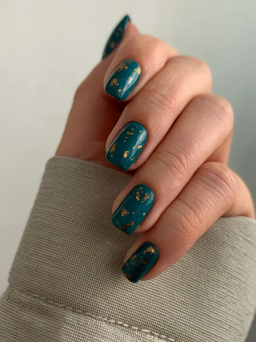 Fall 2025 Nail Color Ideas for Women Over 50 – Teal with Scattered Gold Leaf