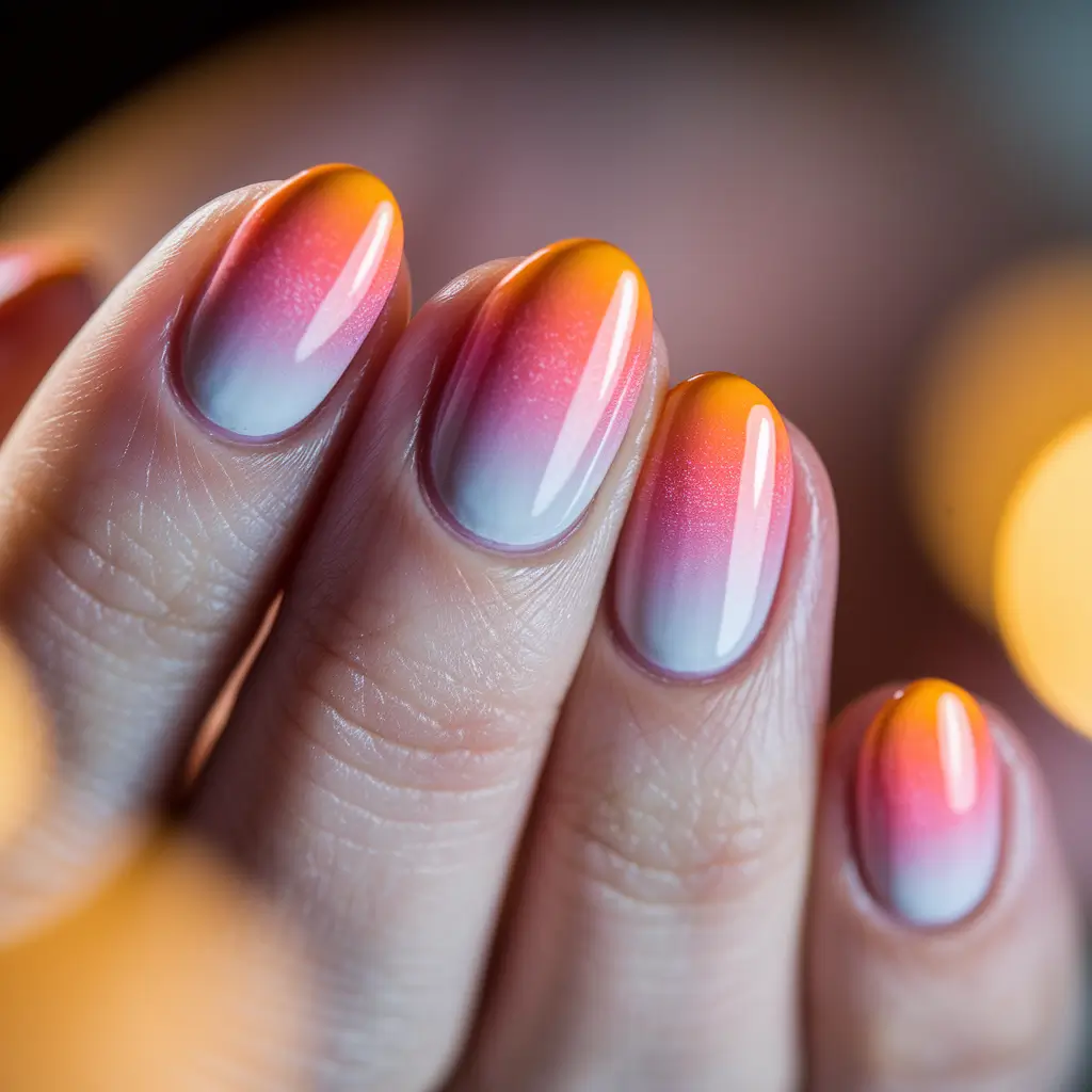 Fall 2025 Nail Color Ideas for Women Over 50 – Sunset Ombre on Almond