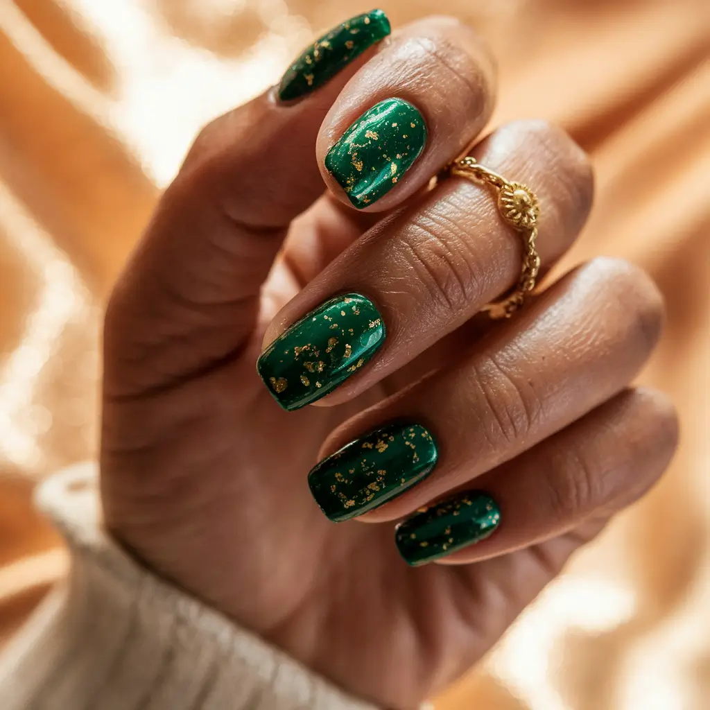 Fall 2025 Nail Color Ideas for Women Over 50 – Emerald Foil Flecks