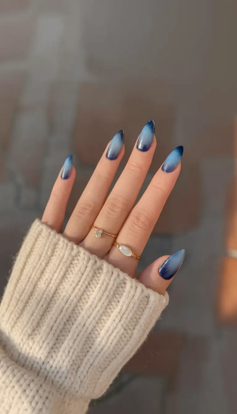 Fall 2025 Nail Color Ideas for Women Over 50 – Frosted Navy Ombre Almond
