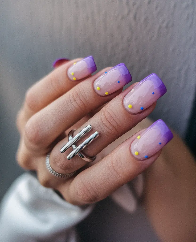 Fall 2025 Nail Color Ideas for Women Over 50 – Lavender Ombre French with Confetti Dots