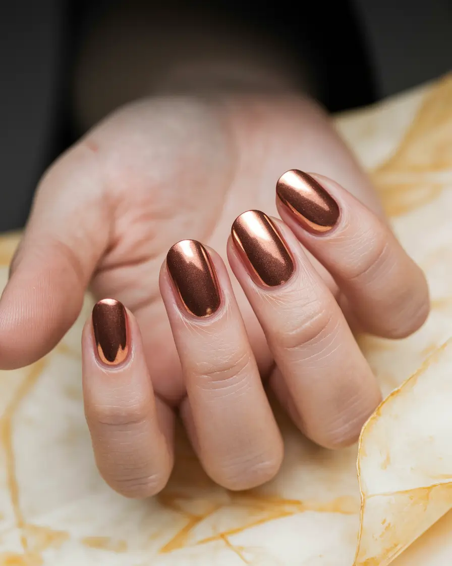 Fall 2025 Nail Color Ideas for Women Over 50 – Molten Copper Chrome