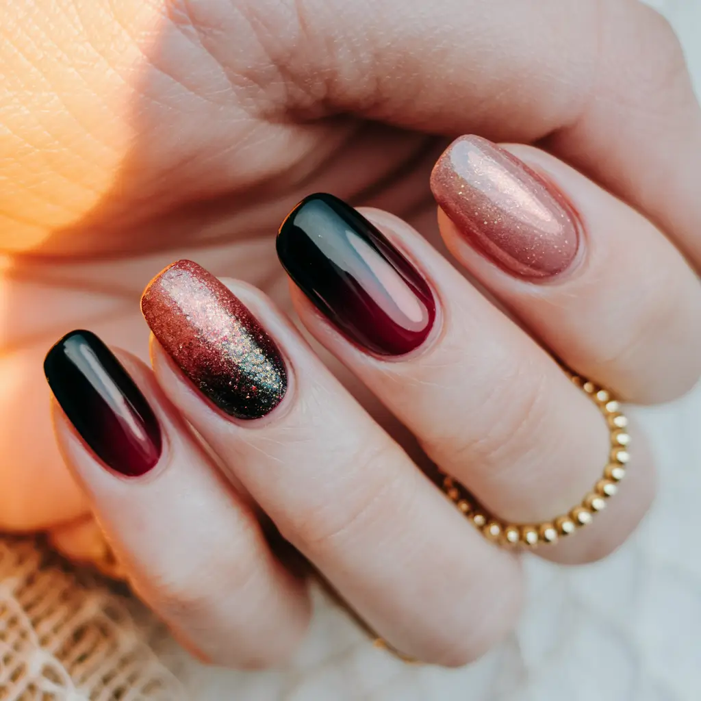 Fall 2025 Nail Color Ideas for Women Over 50 – Burgundy–Black Ombre Combo