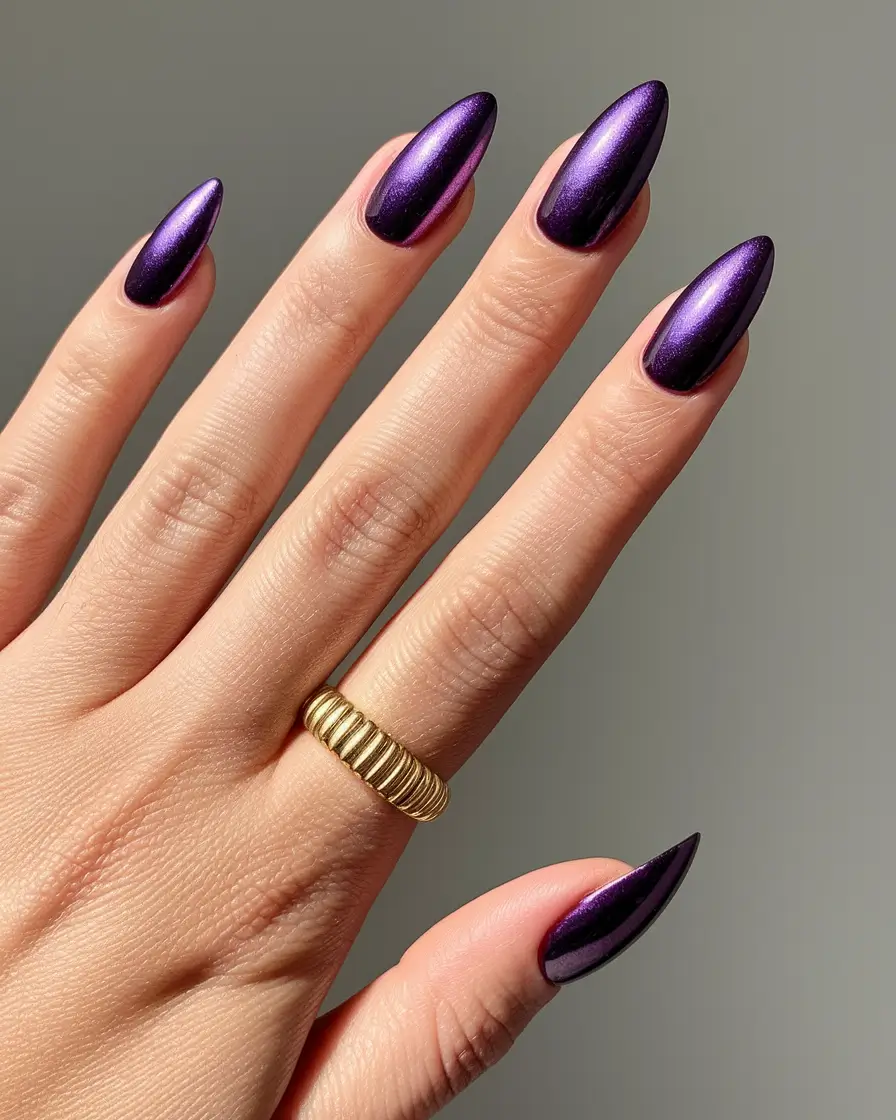 Fall 2025 Nail Color Ideas for Women Over 50 – Plum Satin Metallic