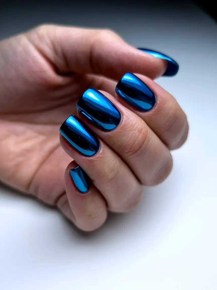 Fall 2025 Nail Color Ideas for Women Over 50 – Teal-Blue Mirror Chrome