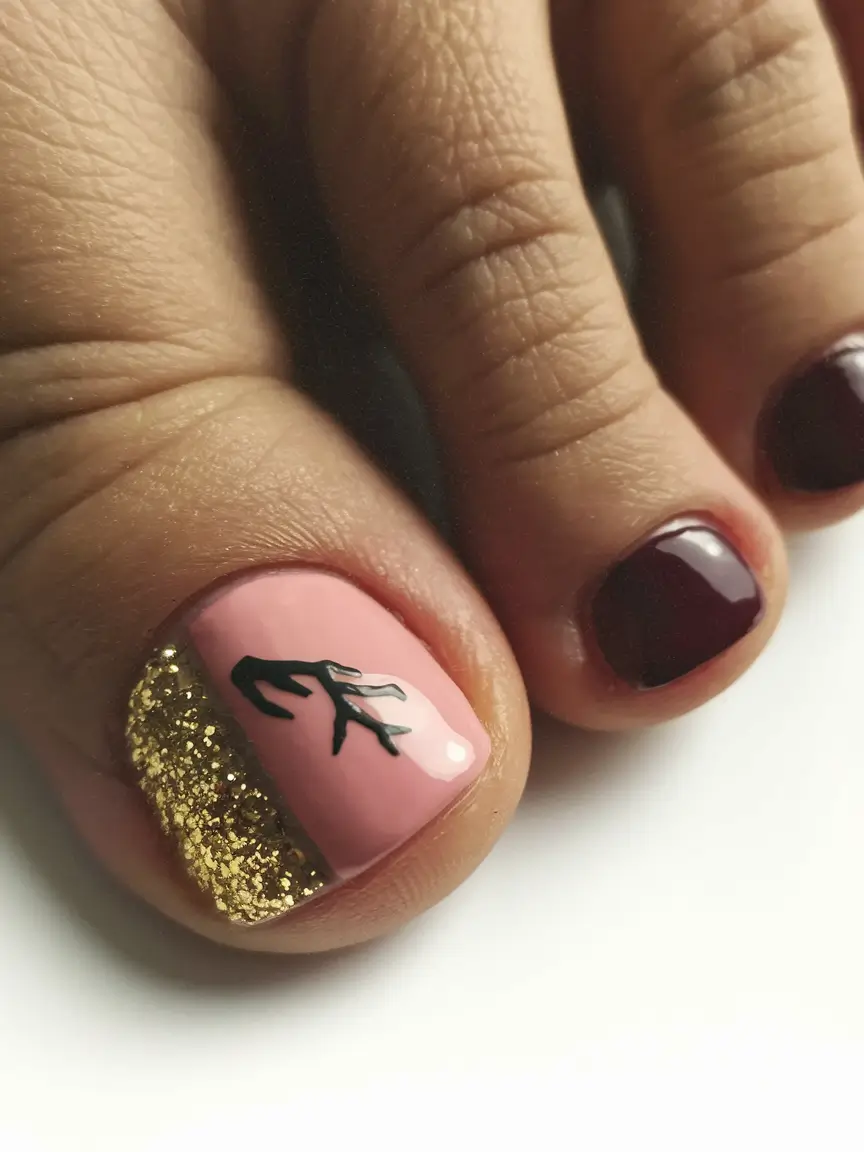fall pedicure colors toenails Rose Gold Leaf Accent