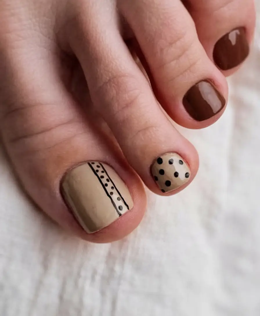 fall pedicure colors 2025 Earthy Mocha & Minimalist Dots
