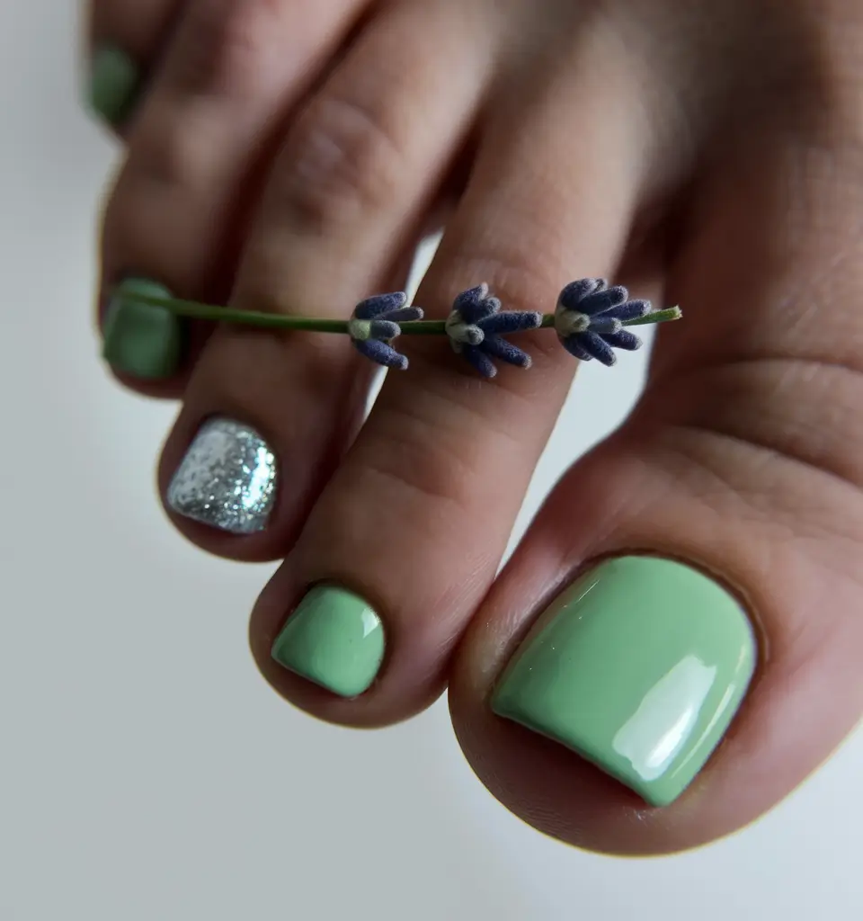 fall pedicure colors toenails Mint Frost with a Silver Accent