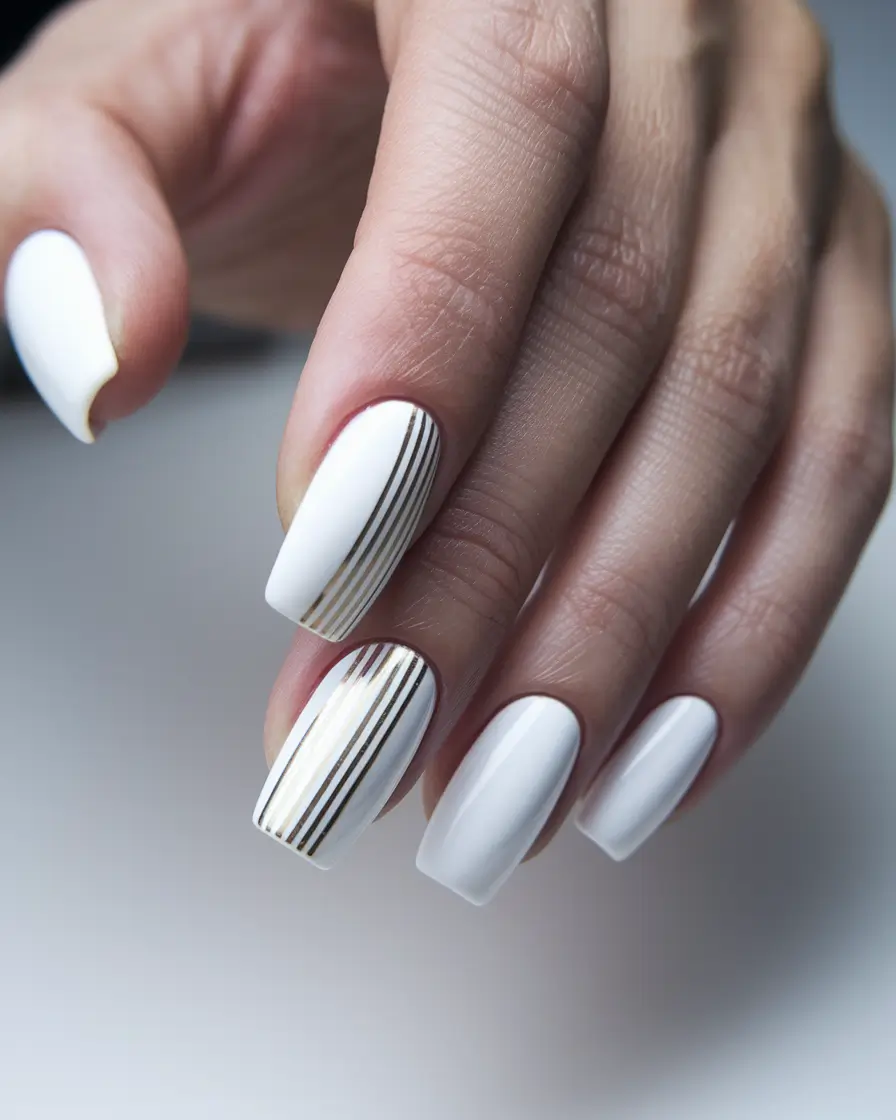 fall acrylic nails square Chic White & Gold for Cool-Girl Sophistication