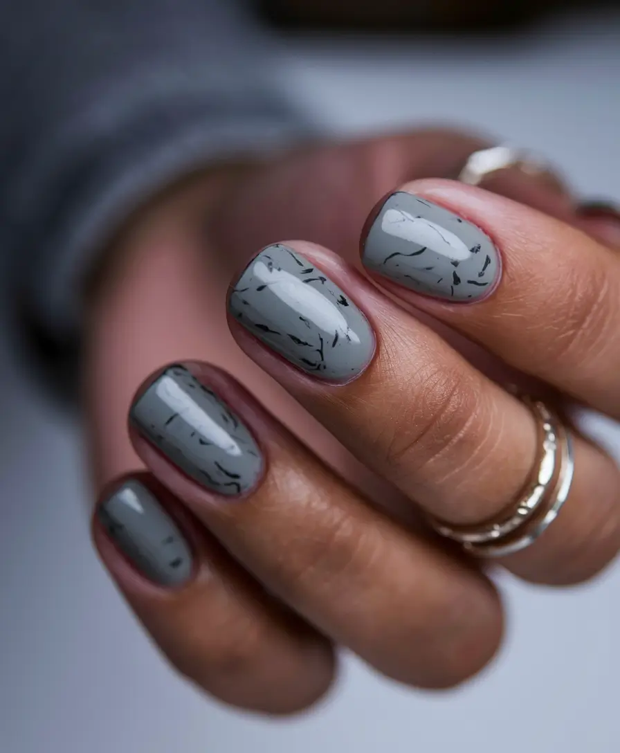 fall acrylic nails short Muted Stone Gray with Ink-Like Marbling