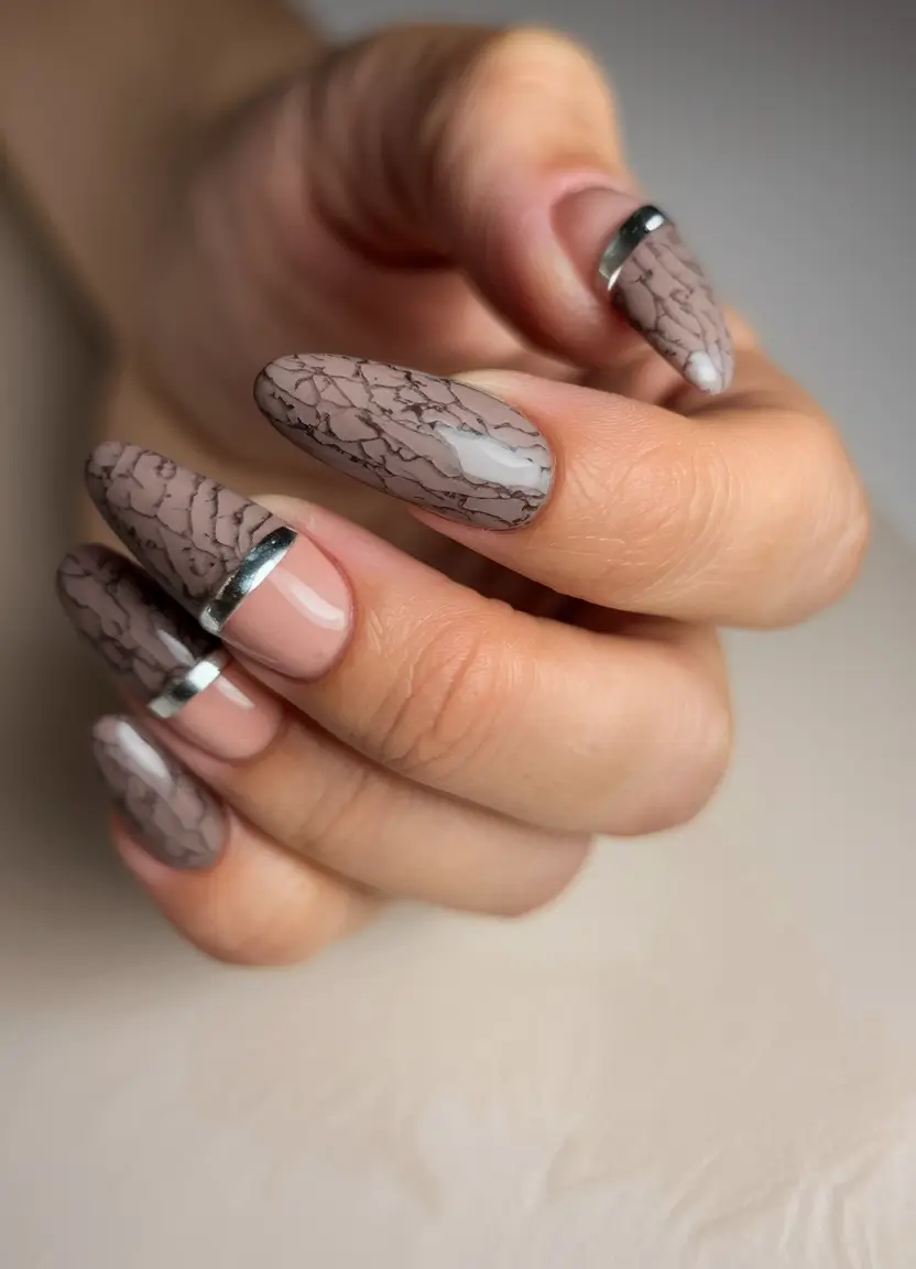fall acrylic nails almond shape Crackled Mocha with Chrome-Trimmed French Tips
