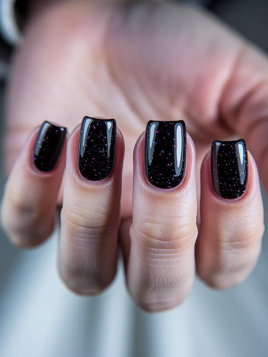 fall acrylic nails designs Starry Night Sparkle on Jet Black Square