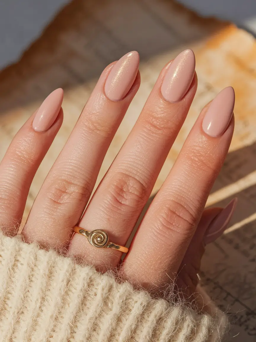 fall acrylic nails almond simple Warm Nude Shimmer for the Soft-Glam Girl