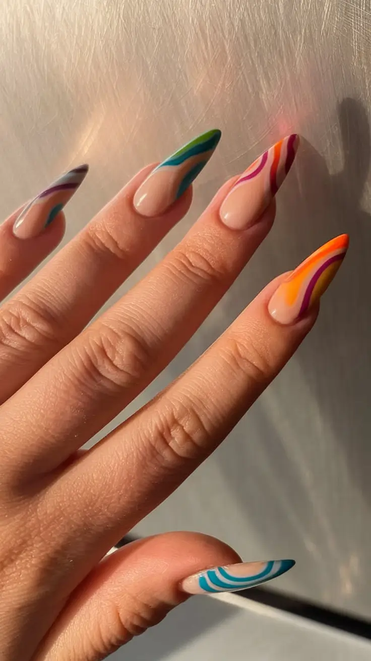 fall acrylic nails ideas Rainbow Waves on Almond Tips — But Make It Autumn