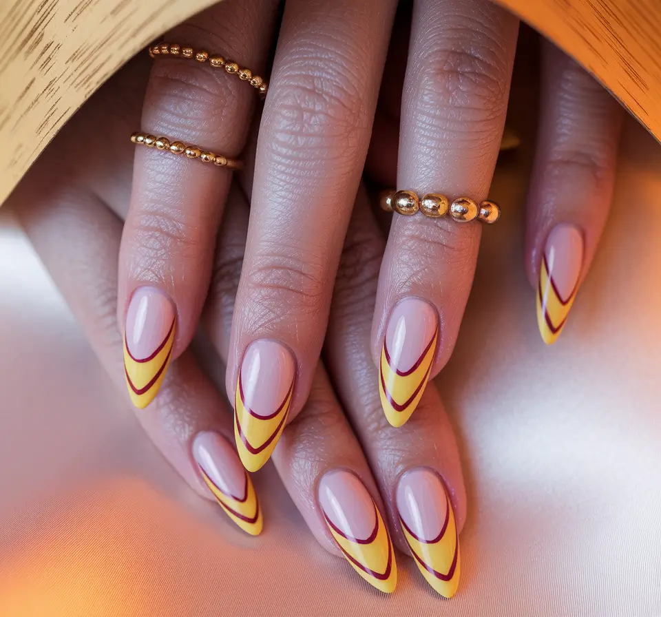 fall acrylic nails almond shape Golden Spice Chevron Almond