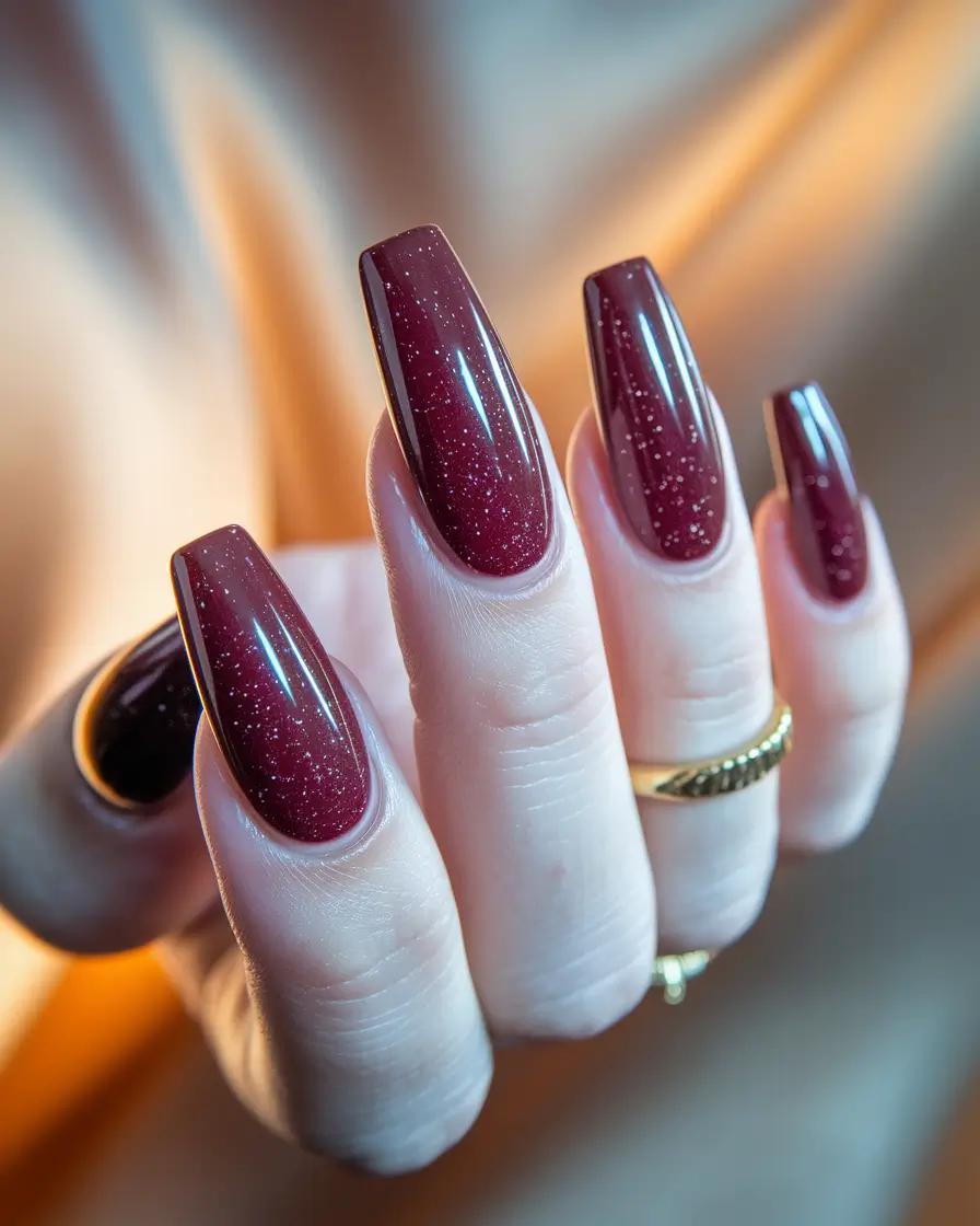 fall acrylic nails coffin Cabernet Square Sparkle