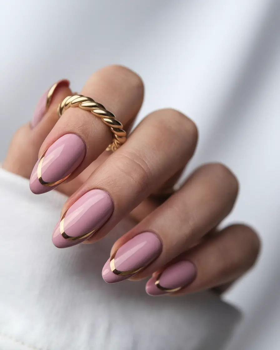 fall acrylic nails almond Soft Rose Almond Tips with a Golden Twist