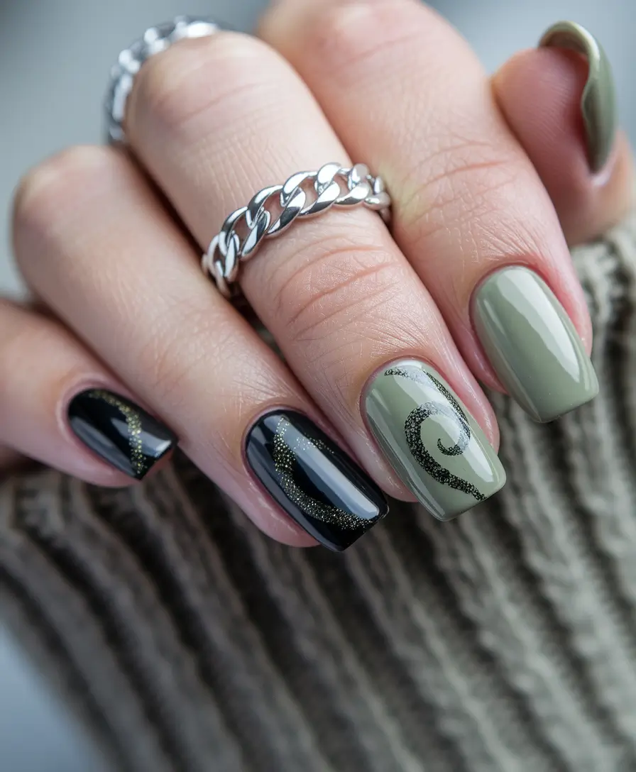 fall acrylic nails short Olive Swirl Square