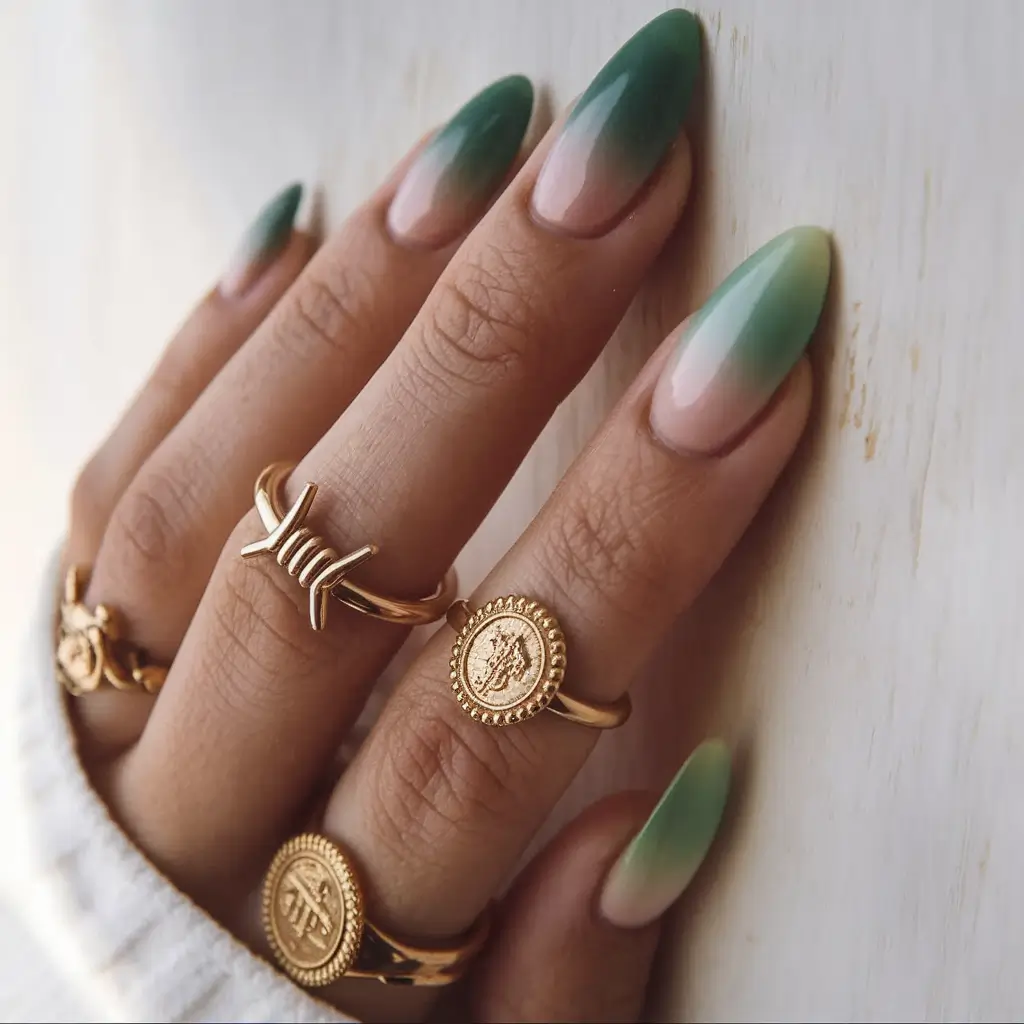 fall acrylic nails almond Smoky Sage Fade Almond