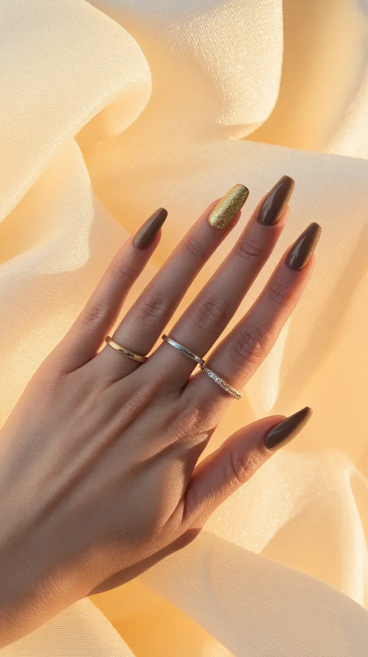 fall acrylic nails coffin Molten Metallic Accent with Cocoa Drama