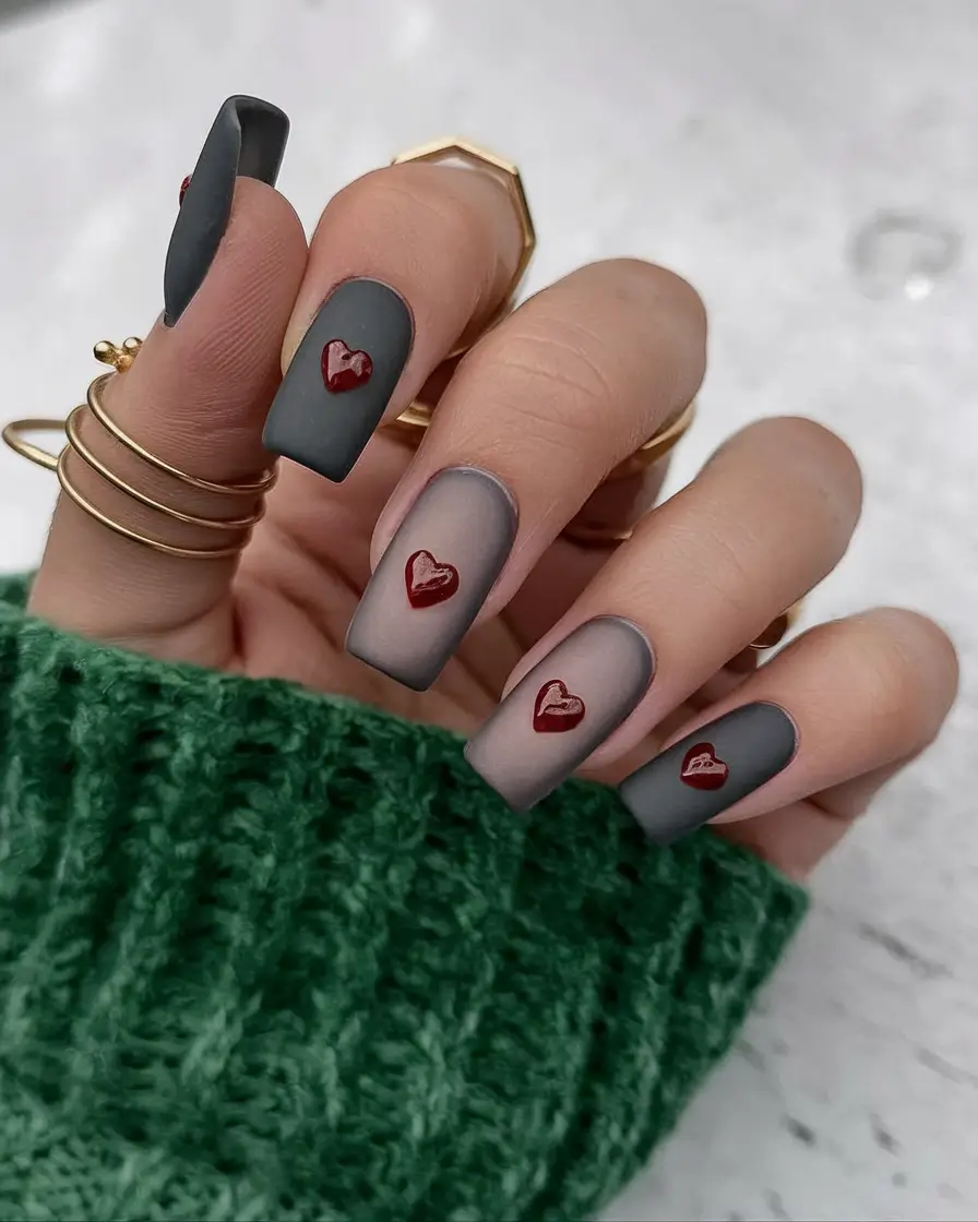 fall acrylic nails coffin Matte Grey & Burgundy Heartbeat