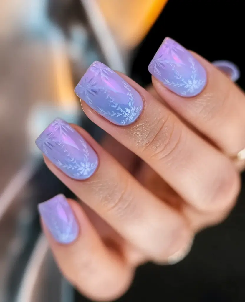 fall acrylic nails designs Iridescent Lilac Snowflakes with Square Shine