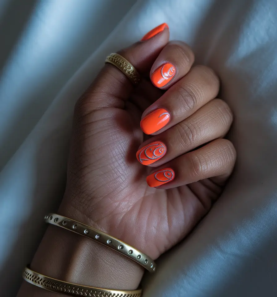 fall acrylic nails short Hot Orange with Graphic Swirls: The Bold Autumn Short