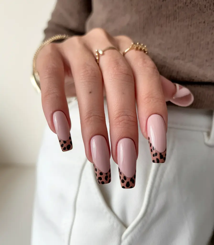 Fall ballerina nails 2025 – Leopard French Tips