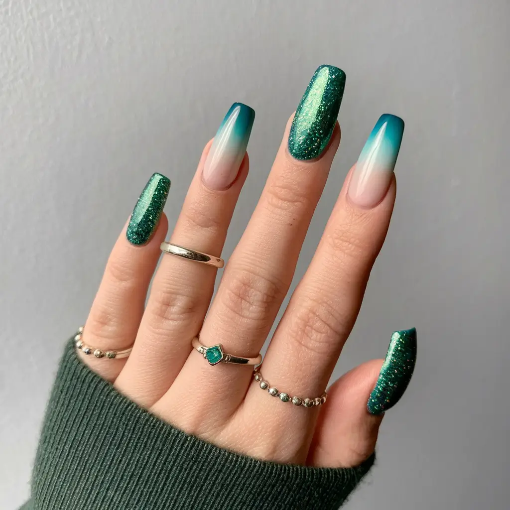 Fall ballerina nails 2025 – Emerald Fade with Glitter Drama