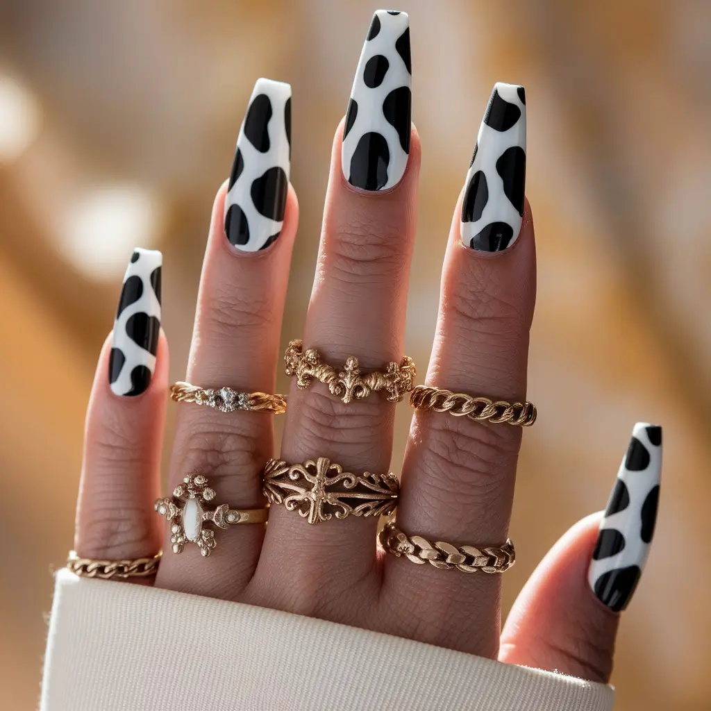 Fall ballerina nails 2025 – Chic Monochrome Cow Print