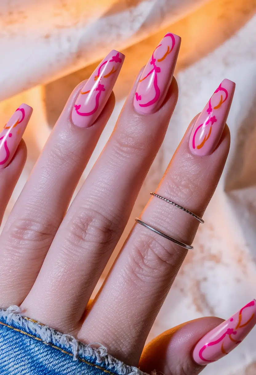 Fall ballerina nails 2025 – Playful Pink Line Art