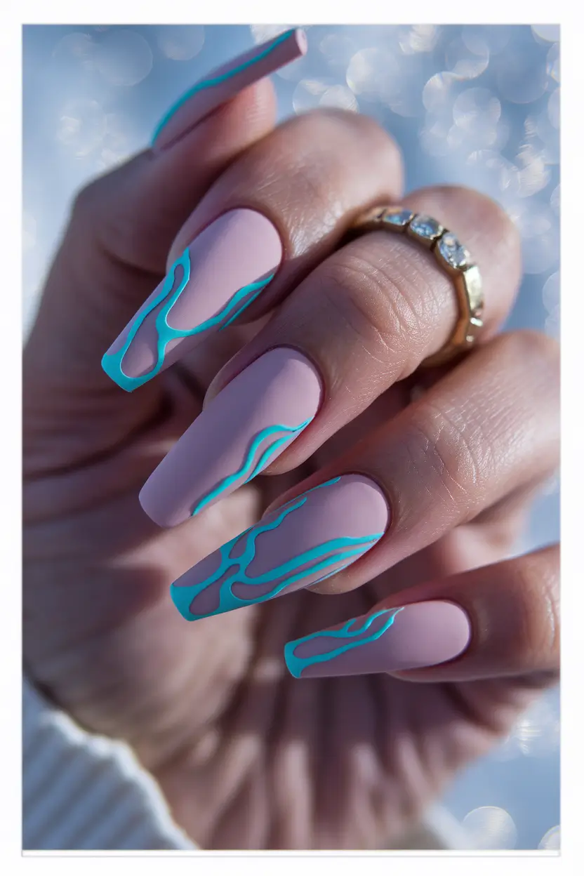 Fall ballerina nails 2025 – Matte Lilac with Aqua Flow Lines