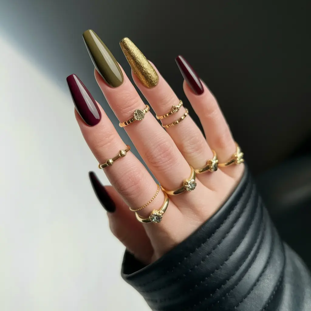 Fall ballerina nails 2025 – Olive, Gold, and Merlot Mix