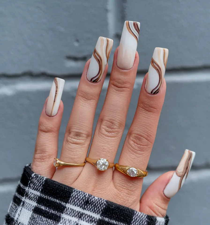 fall color block nails Warm Mocha Swirls with Neutral Elegance
