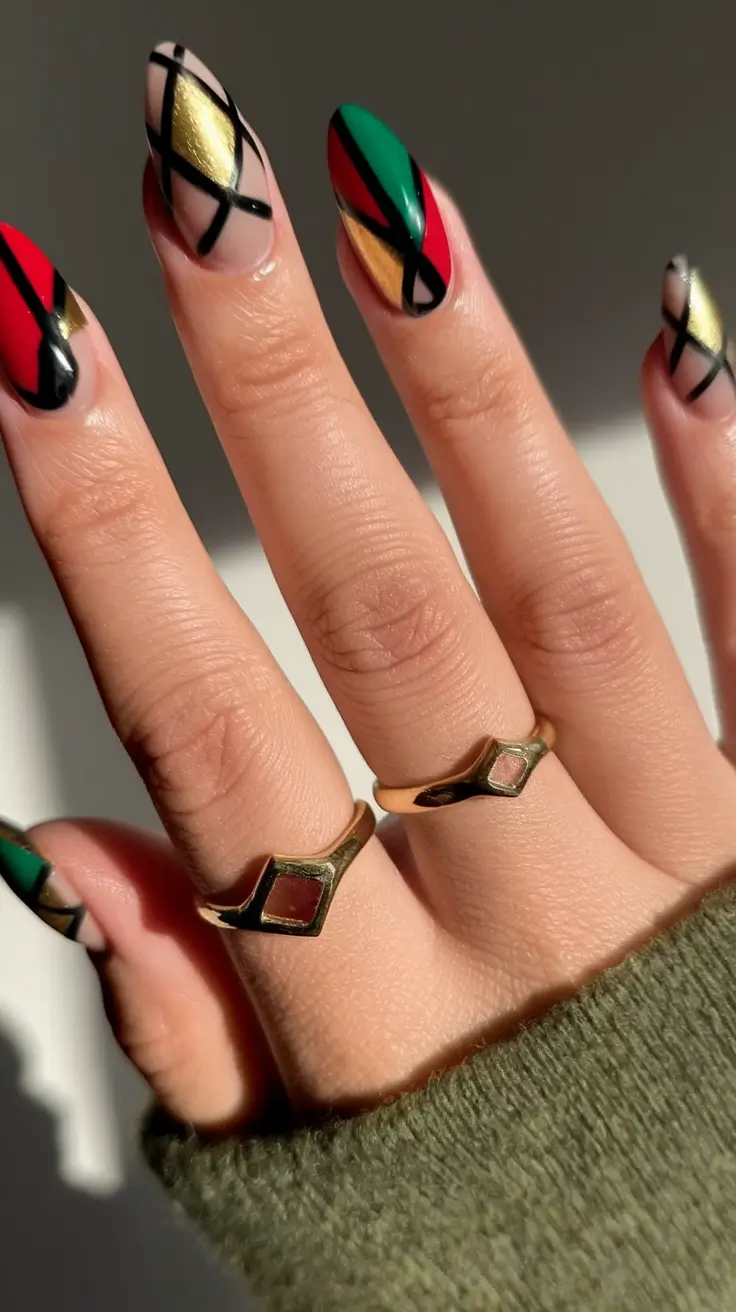 fall color block nails Gilded Geometry