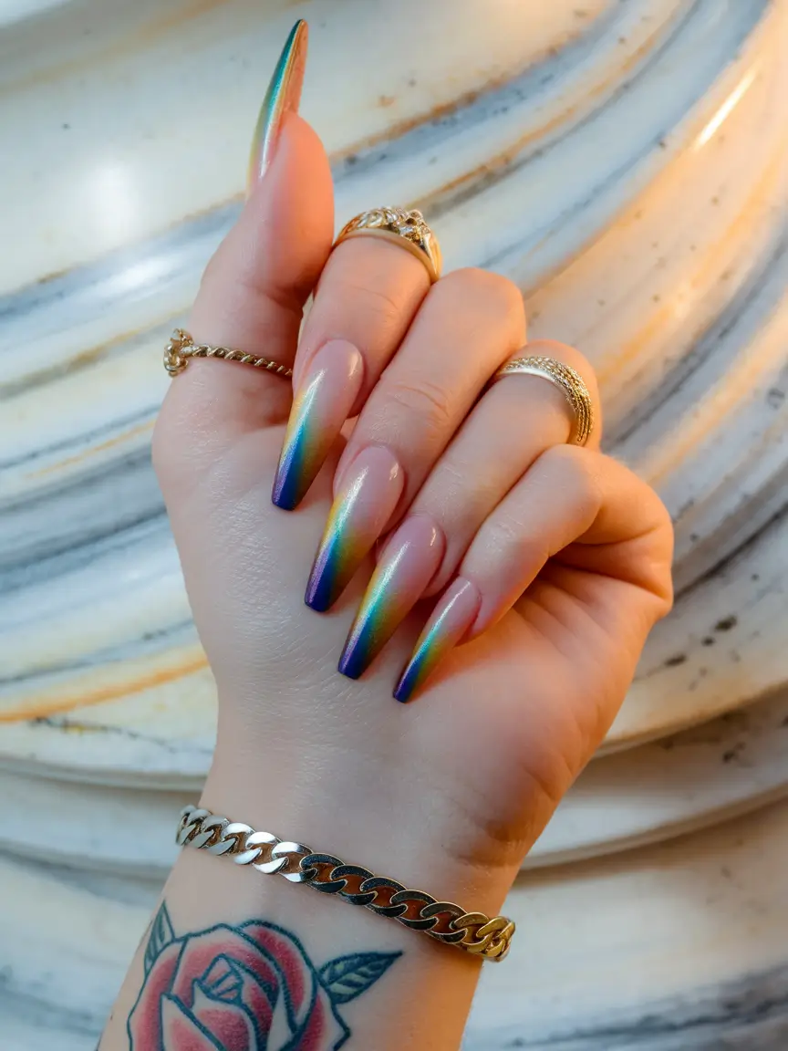 fall color block nails Prismatic Chrome Fade