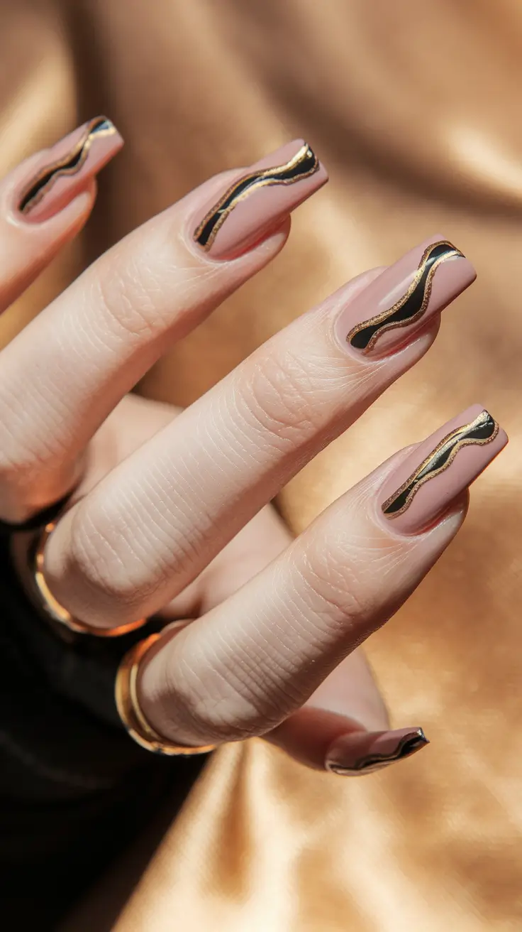 fall color block nails Rosewood and Gold Fluid Lines