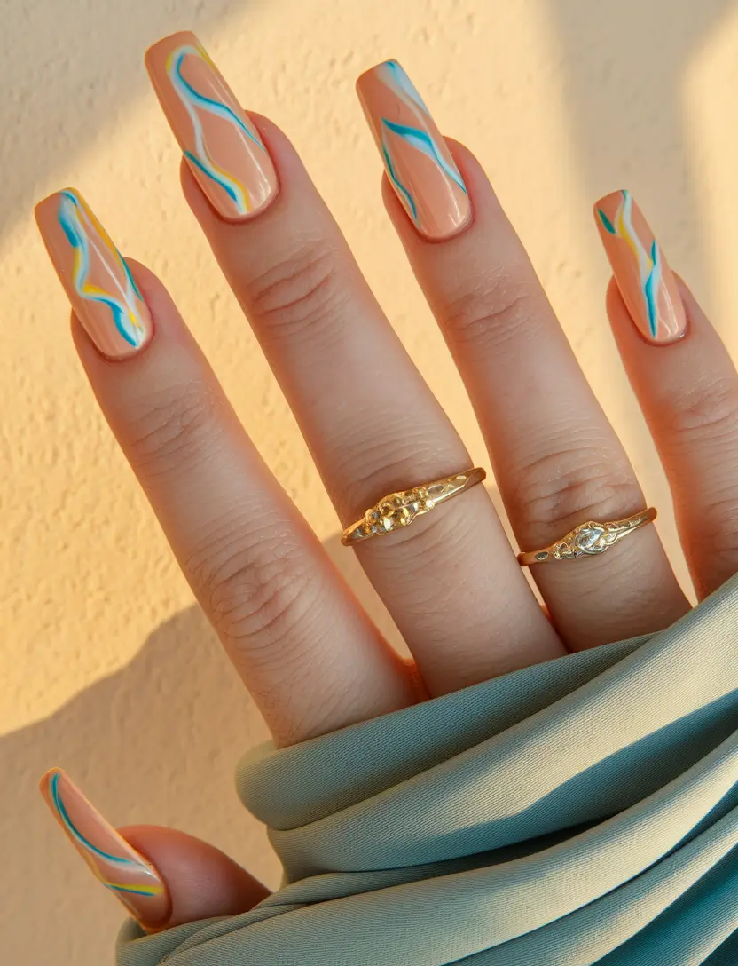 fall color block nails Peach Sunset Waves with Sky Accents