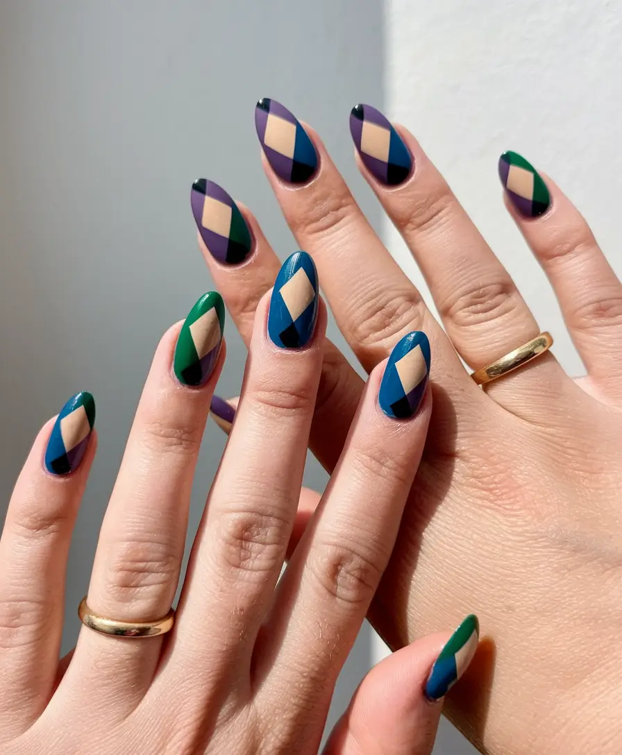 fall color block nails Retro Diamond Blocks in Moody Tones