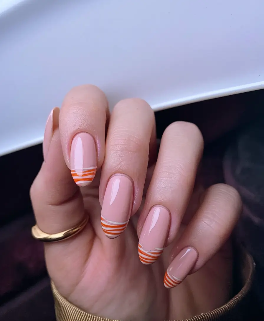 fall french tip nails Striped Orange French Tips