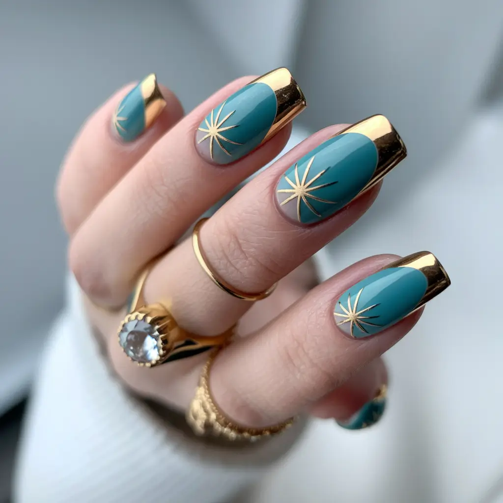 fall french tip nails Teal and Gold Luxe French