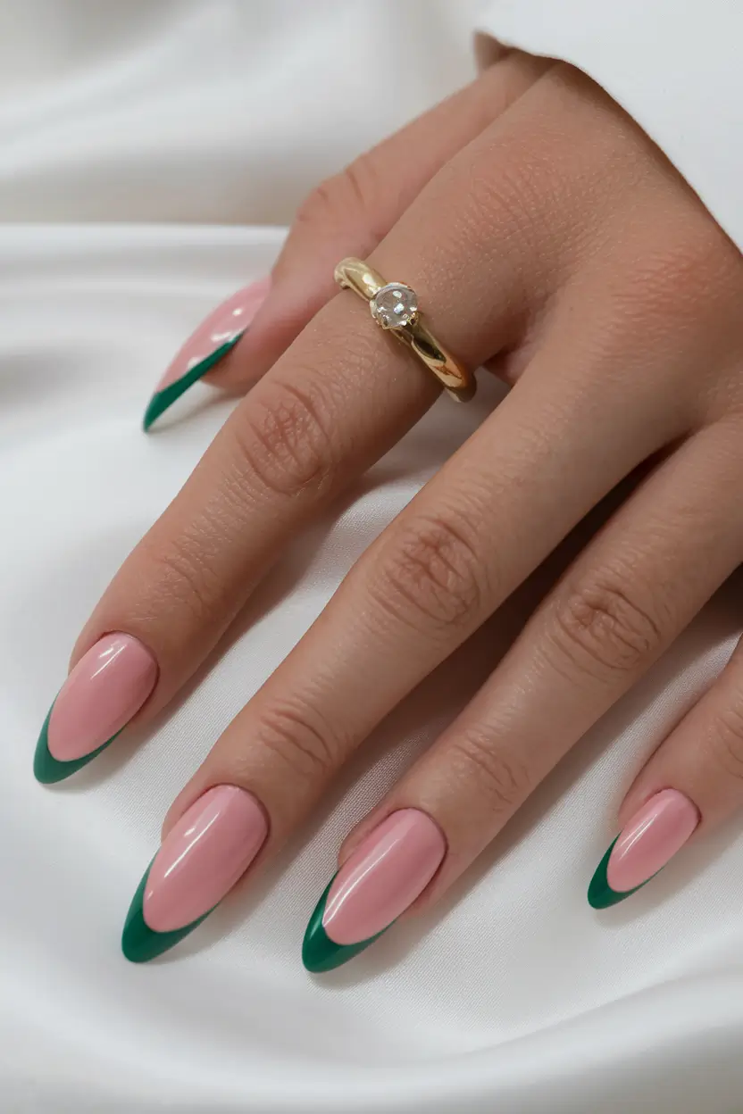 fall french tip nails Deep Green French Elegance