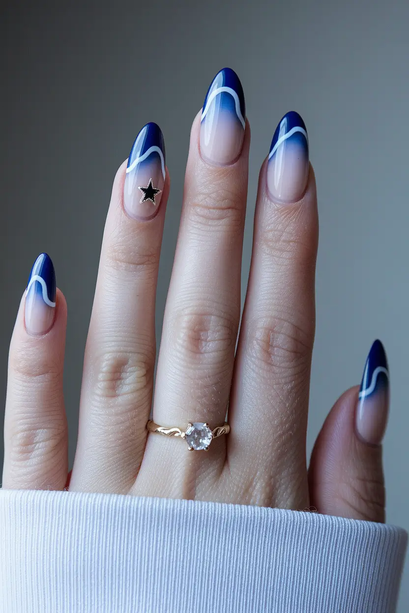 fall french tip nails Midnight Blue Waves with Stars