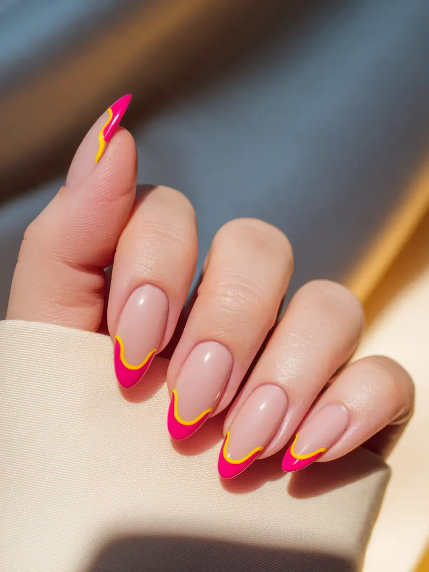 fall french tip nails Hot Pink and Yellow Wave French