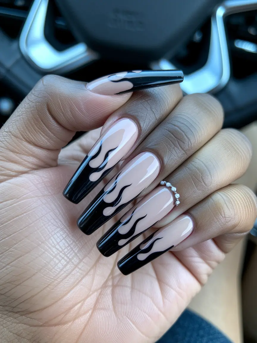 fall french tip nails Black Flame Coffin French