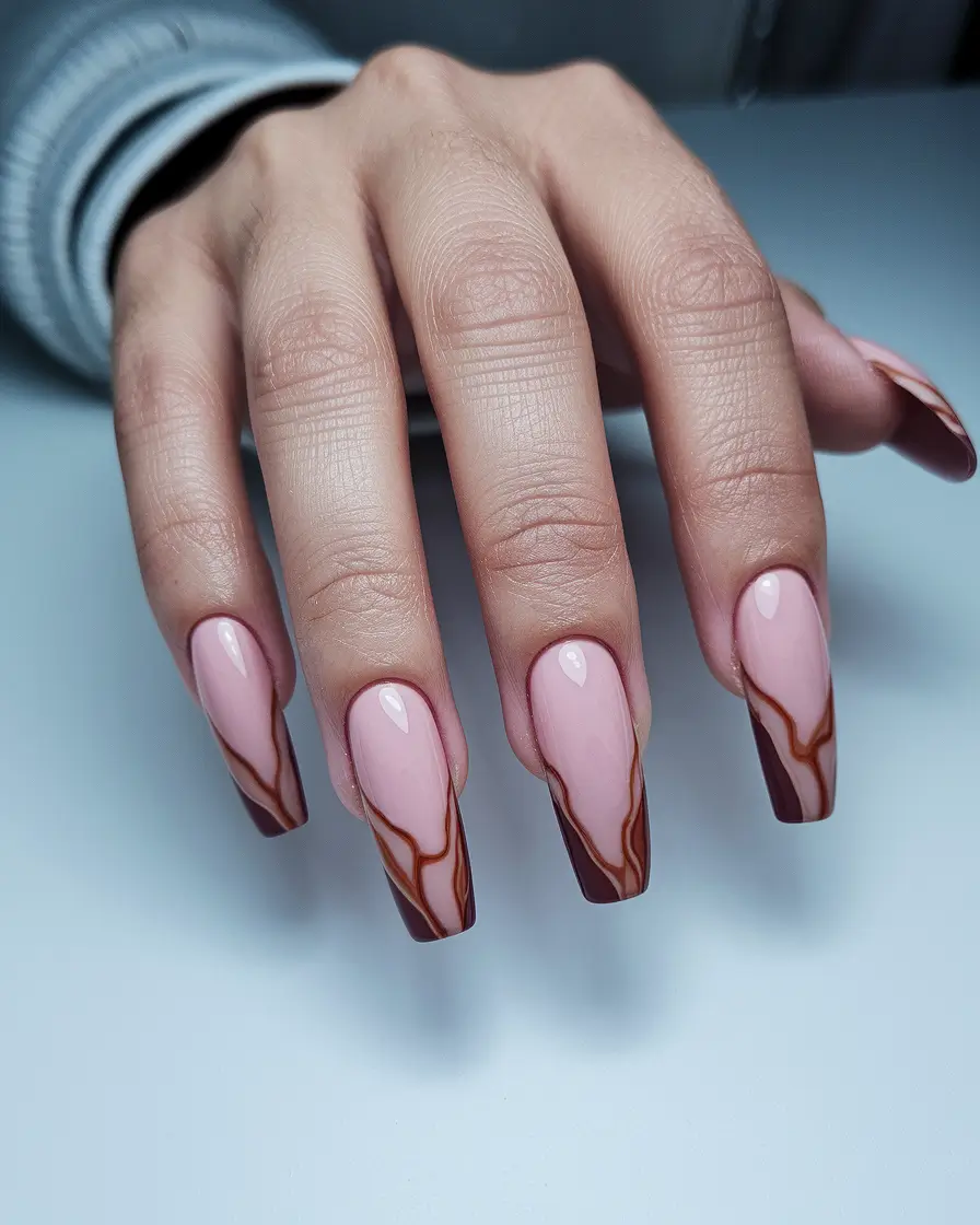 fall french tip nails Earthy Brown Swirl French