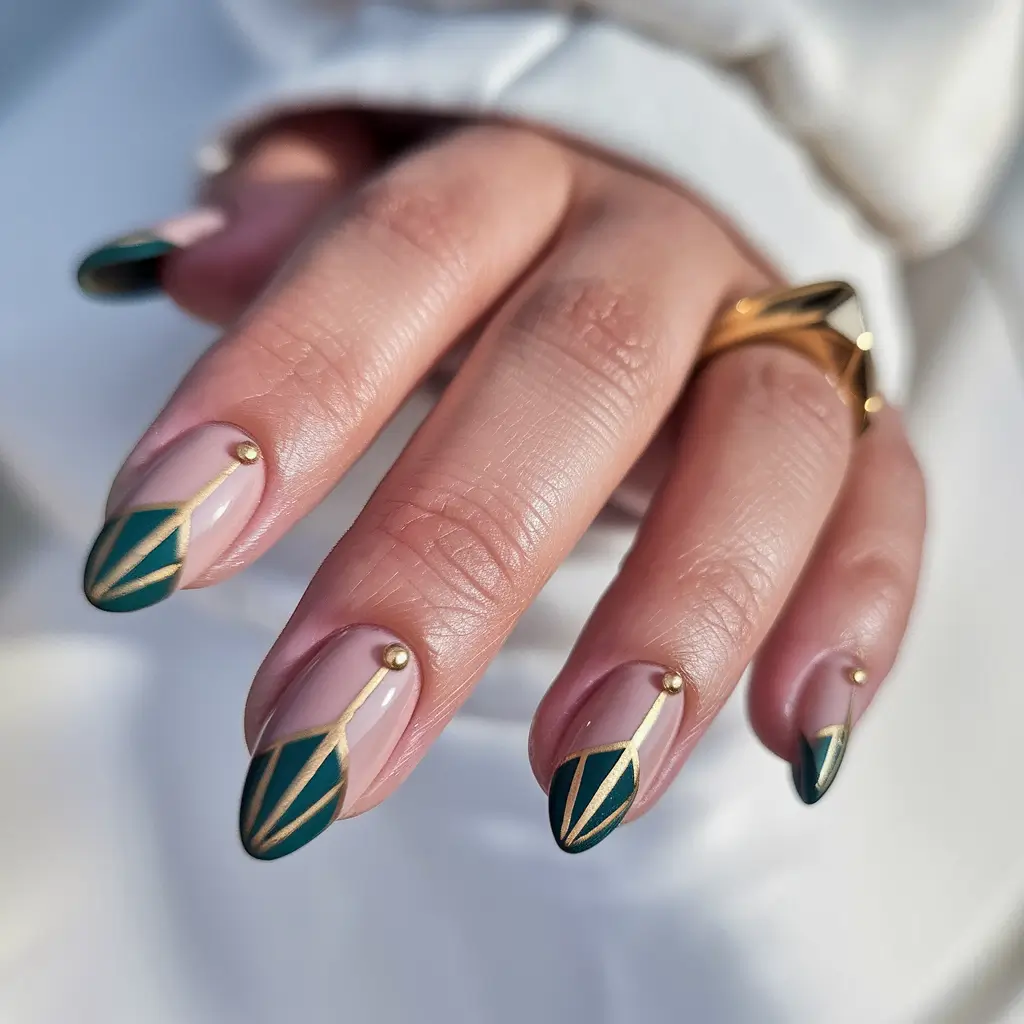 fall french tip nails Green and Gold Geometric Tips