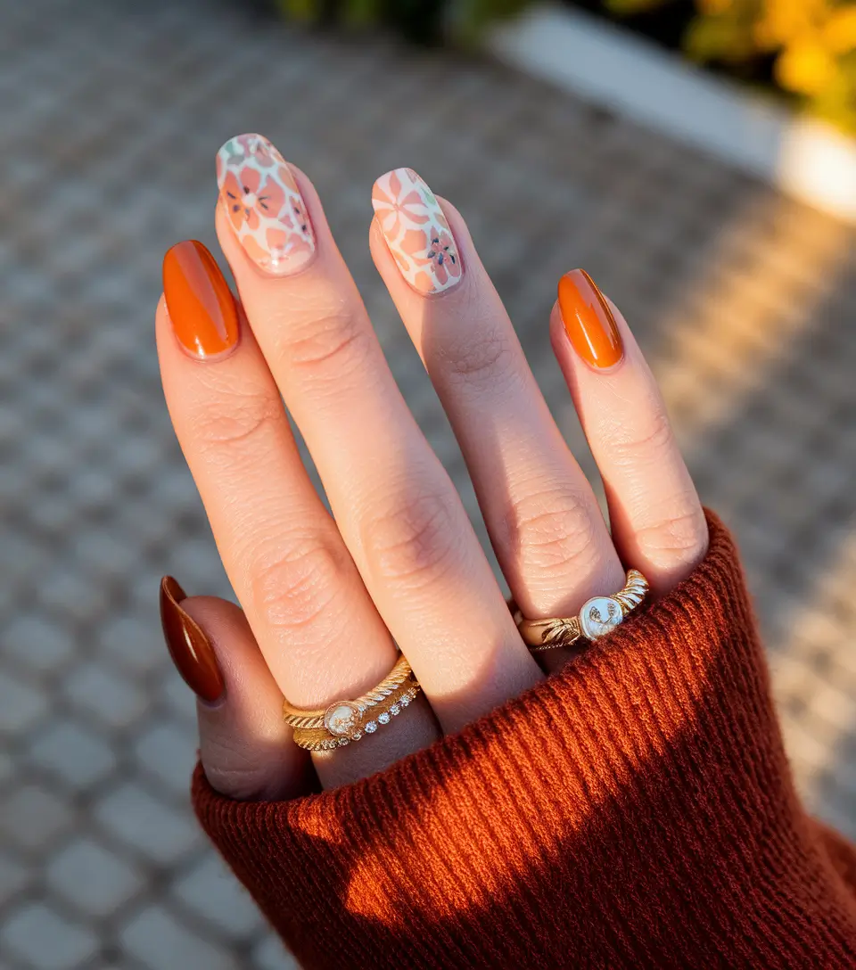 fall manicure Rust Orange with Floral Accents